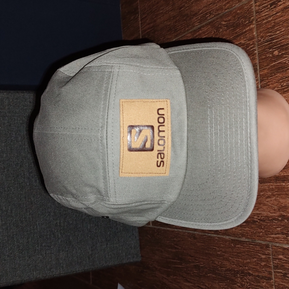 Salomon Leather Patch 5 Panel Cotton Adjustable Beige Hat